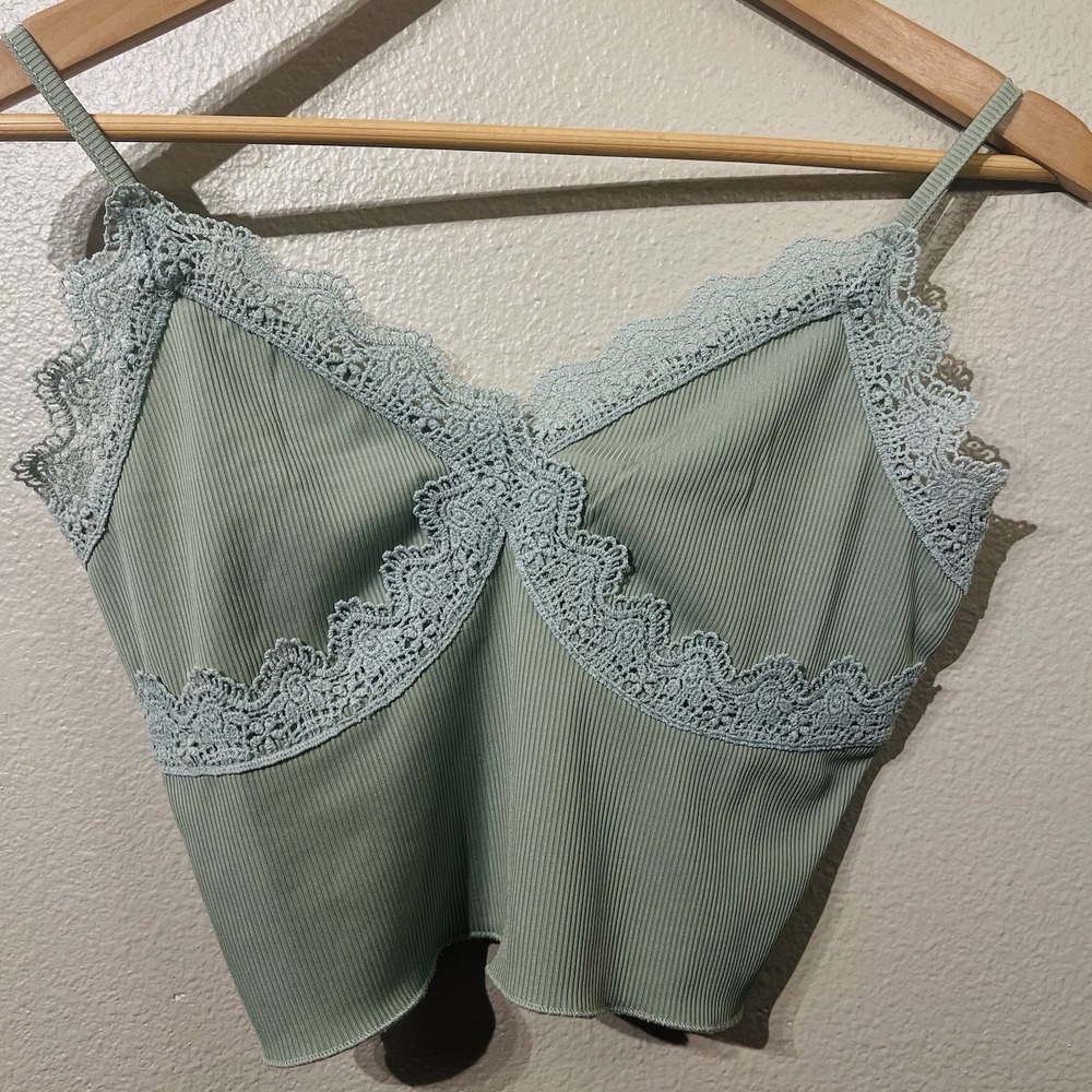 Babydoll Cropped Top‎ Crochet Lace Trim Y2K Style Sage Green & Aqua Size S